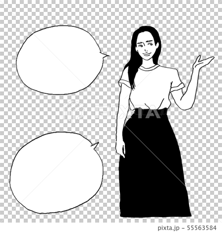 ふきだし付き 紹介 案内するおしゃれな女の子 モノクロのイラスト素材
